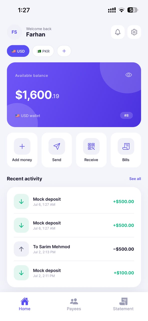 SecurePay home dashboard showing available balance and recent transactions